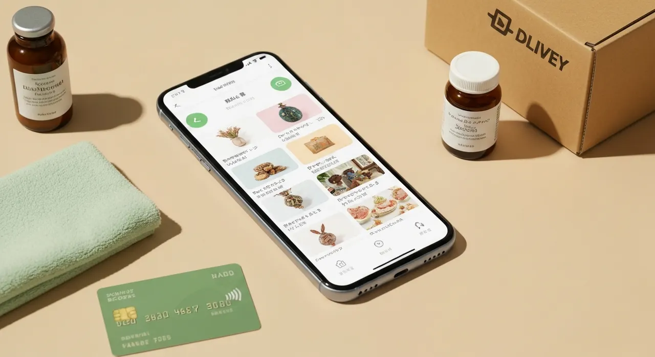 iHerbの初回購入を解説するガイド。スマートフォンとサプリメント、配送ボックスのイメージ