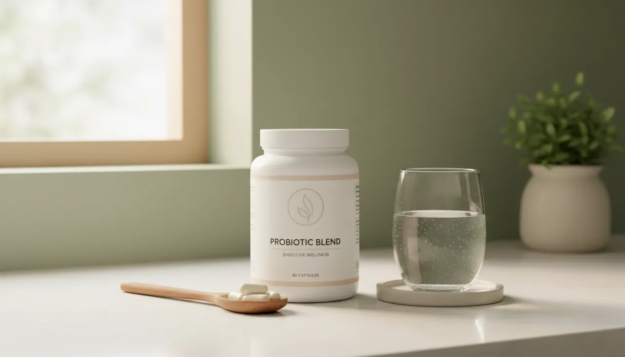 21st Century Acidophilus Probiotic Blend 300粒のサプリメント瓶と水のグラスがキッチンカウンターに置かれている様子