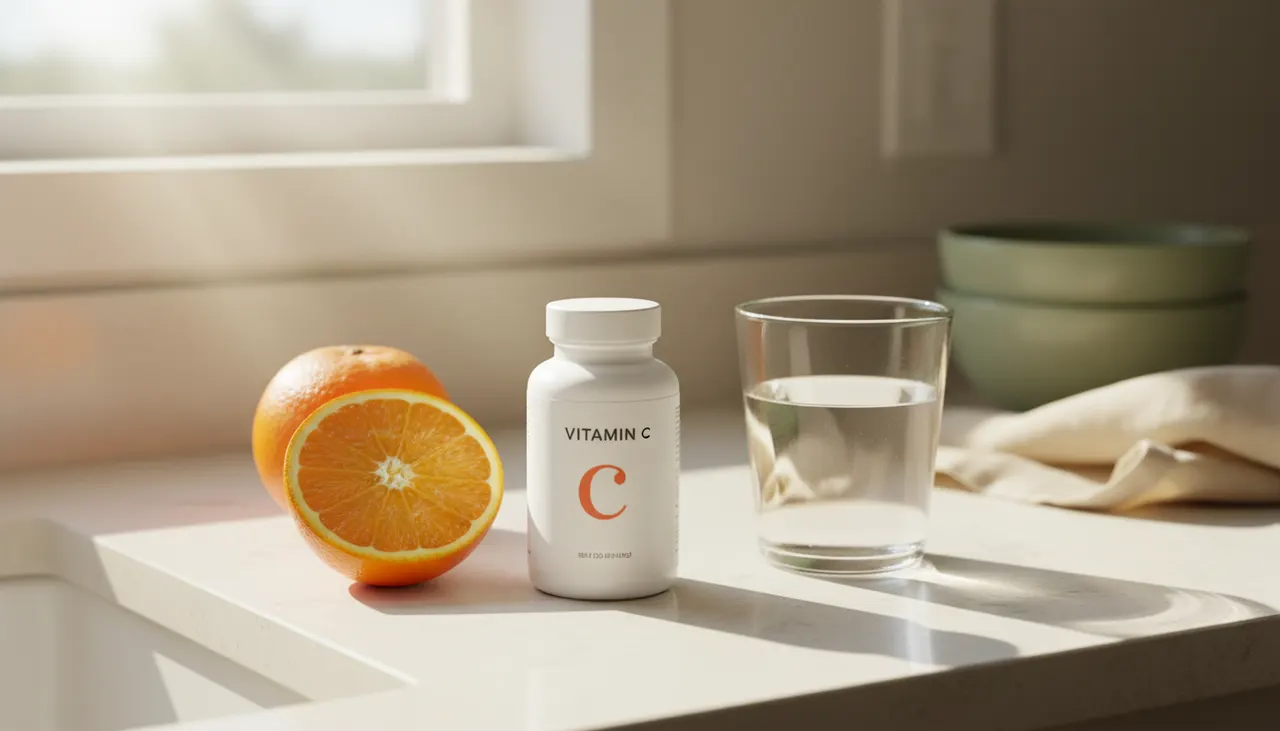 21st Century ビタミンC 500mg 250錠のボトルとオレンジ、水のガラス。iHerbで人気のコスパサプリ