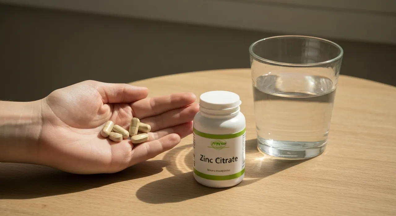 21st Century Zinc Citrate 50mgのボトルとタブレット、水のグラスを並べた明るいキッチンテーブル