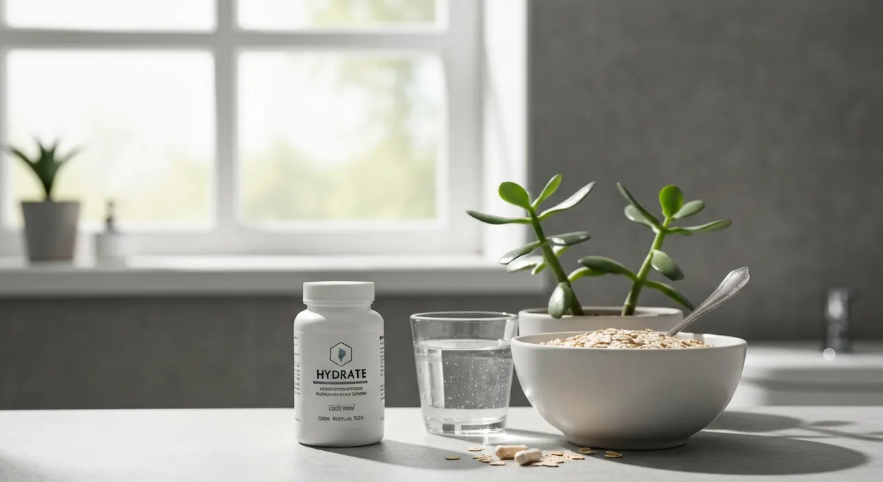 Amazing Nutritionのヒアルロン酸サプリメント、250粒ボトルと水と観葉植物が並ぶ清潔感のある洗面台の棚