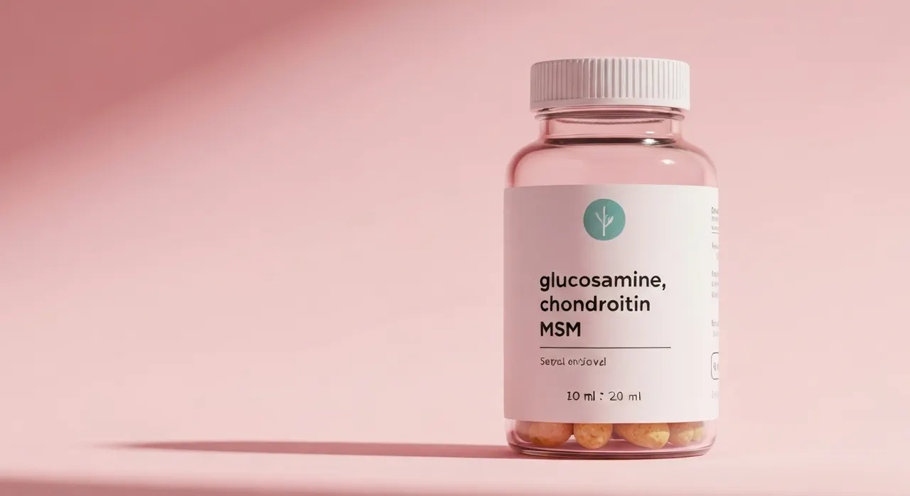 BioSchwartzのグルコサミン コンドロイチン+MSMサプリメントと水のグラスが木製テーブルに置かれている