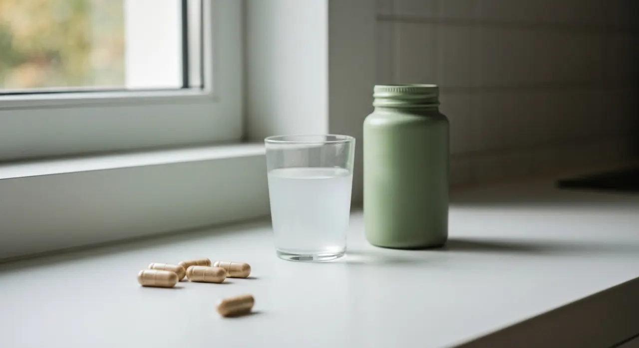 California Gold Nutrition CollagenUPのパウダー容器と水のグラス、コラーゲンのイメージ