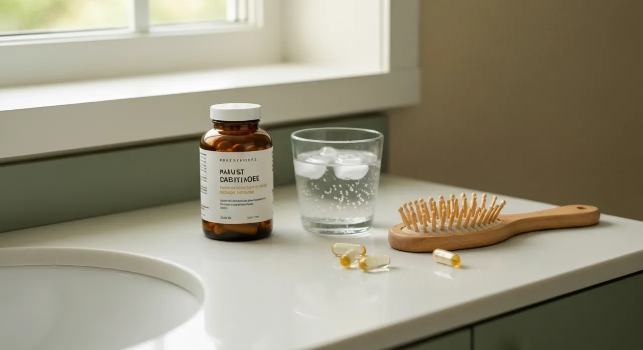 California Gold Nutritionのビオチンサプリメントと水のグラス、木製ヘアブラシが白い洗面台に並ぶ画像