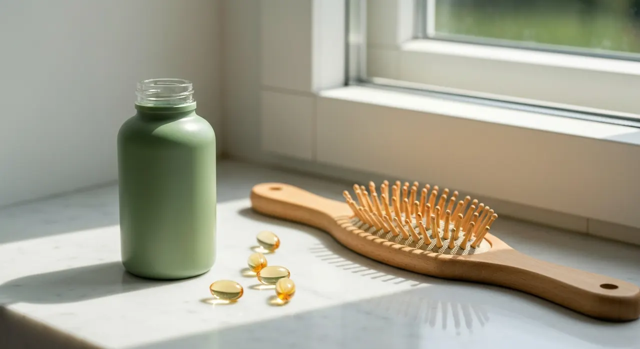 California Gold Nutritionのビオチンサプリメントボトルとヘアブラシ、ソフトジェルカプセルを並べた明るいマーブル台の上の写真