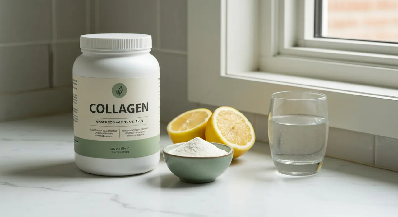California Gold NutritionのCollagenUP®マリンコラーゲンパウダー大容量1kgと水のグラス、レモン