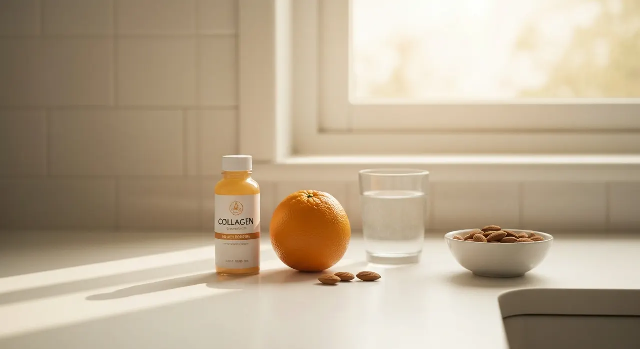 California Gold NutritionのコラーゲンサプリとビタミンCを含む柑橘類、水のグラスが白い大理石のキッチンに並んでいる朝の様子
