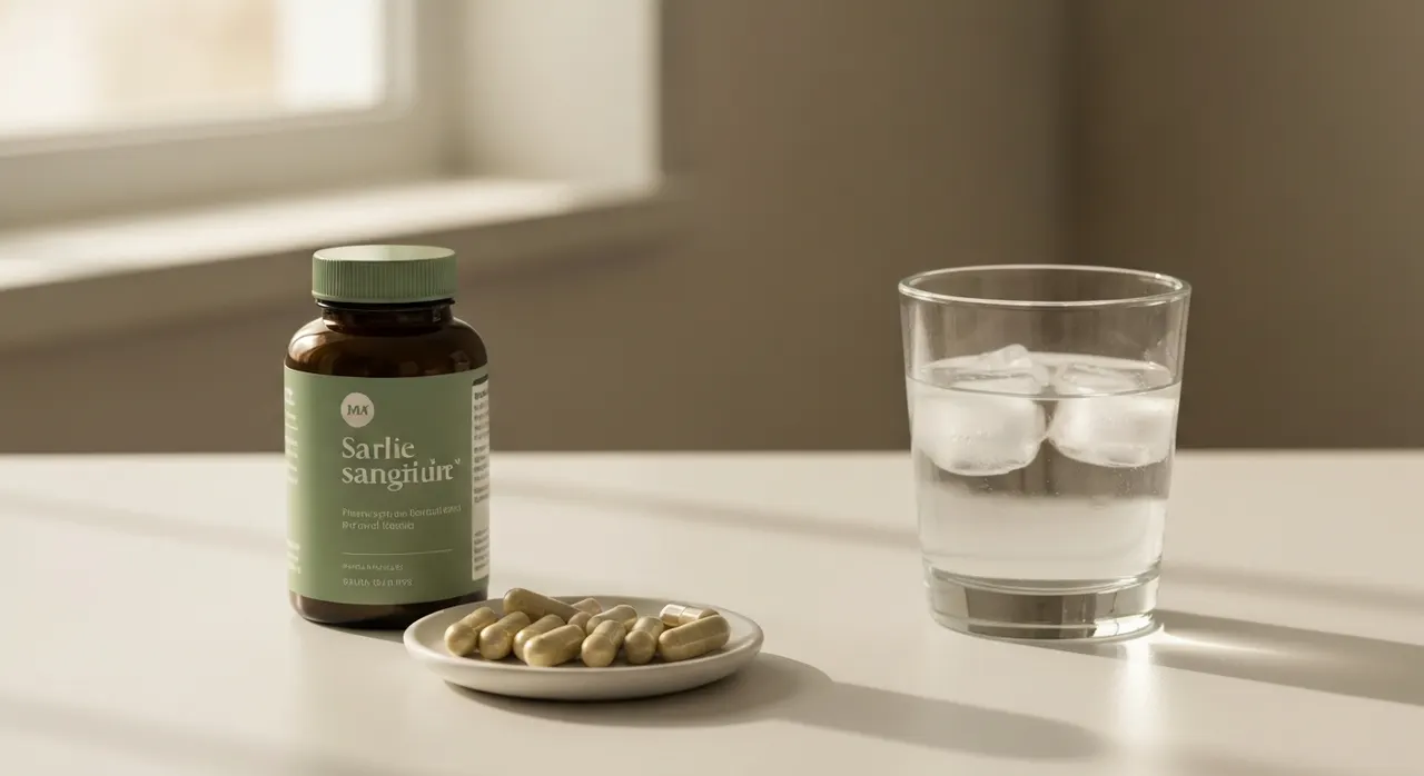 California Gold NutritionのCoQ10サプリメントのボトルとカプセル、水のグラスが木製テーブルに並んでいる
