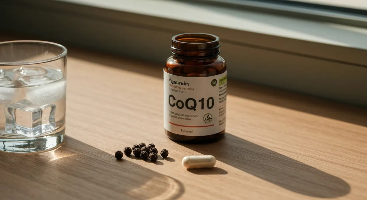 California Gold Nutrition CoQ10 100mgとBioPerine黒こしょうエキスのサプリメントボトル、ベジカプセルと水のグラス
