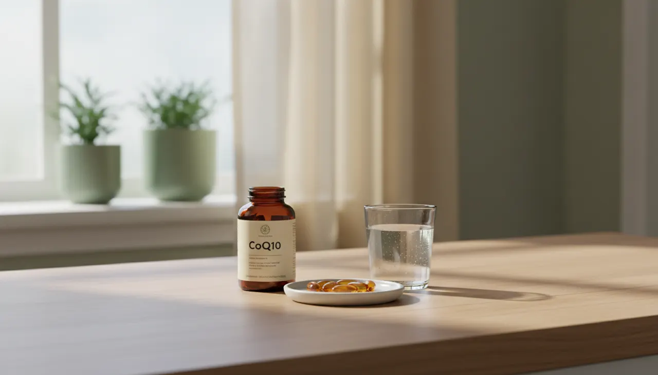California Gold NutritionのCoQ10 200mgソフトジェルボトルとカプセルを木製テーブルに置いた画像