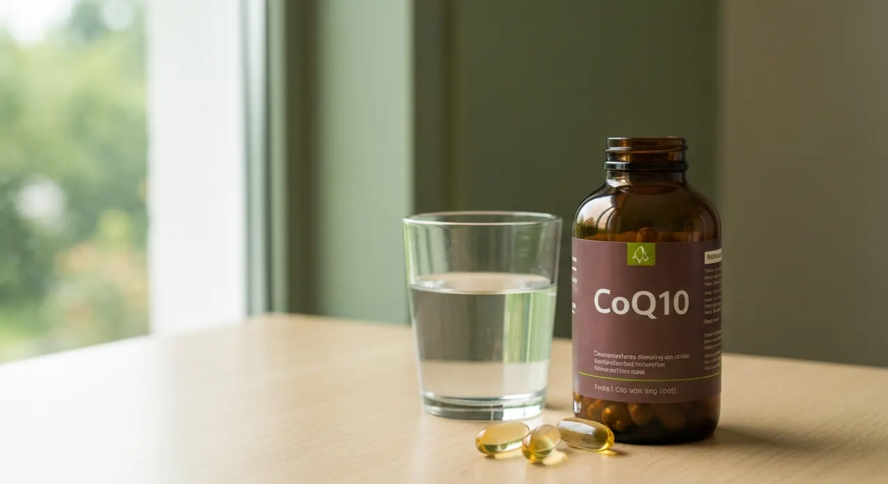 California Gold Nutrition CoQ10 100mgのボトルとソフトジェルカプセル、水のグラスが木製テーブルに並んでいる