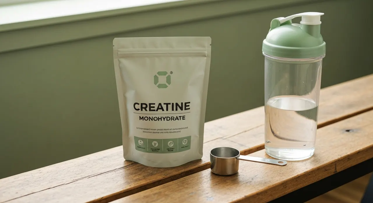 California Gold Nutritionのクレアチンモノハイドレートパウチ、計量スプーン、シェイカーボトルがジムのベンチに並ぶ