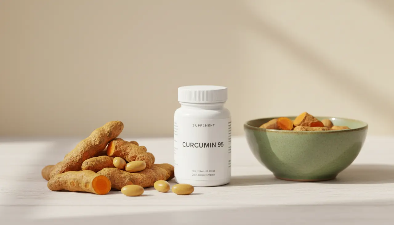 California Gold Nutritionのクルクミン95サプリと生ウコンの根、黄金色のカプセルを並べた画像