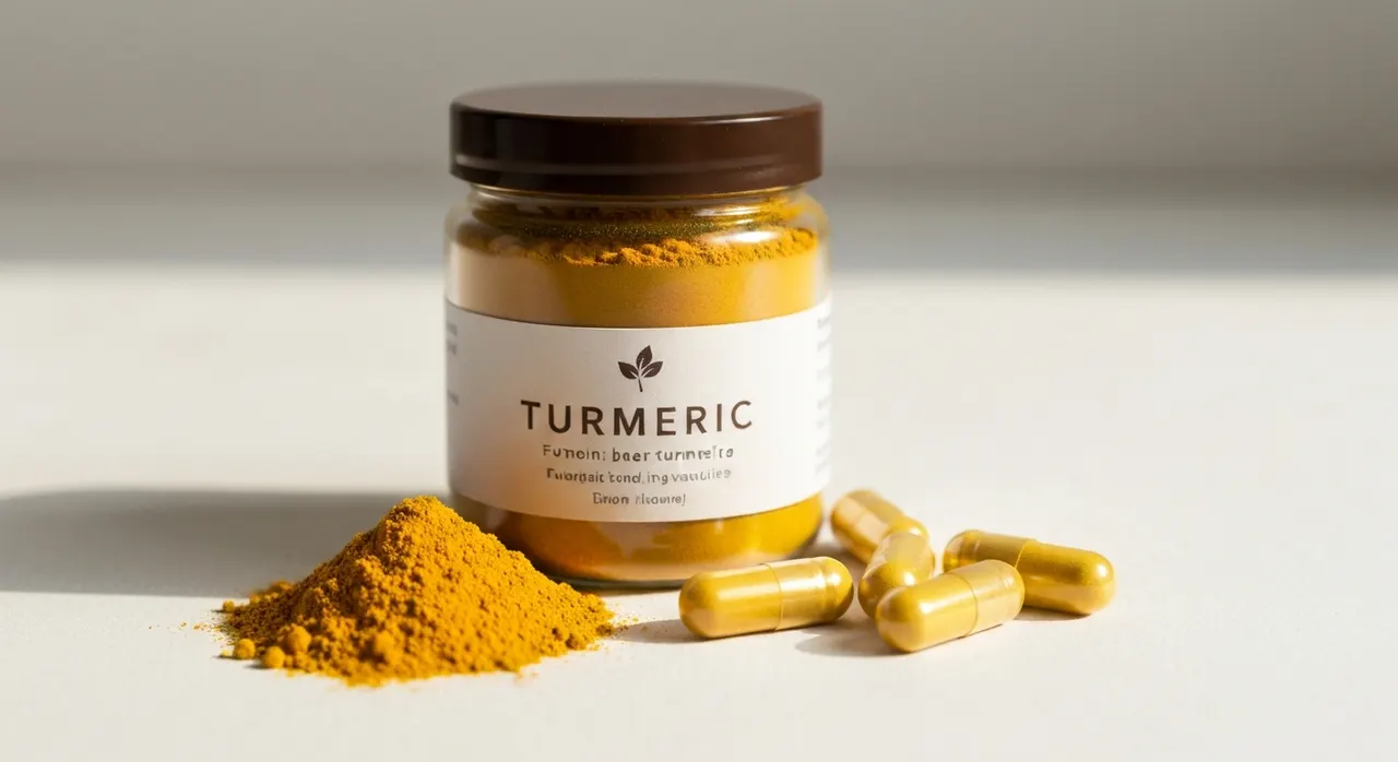 California Gold Nutritionのクルクミンサプリ、ウコン根とカプセルが木製のテーブルに並ぶ