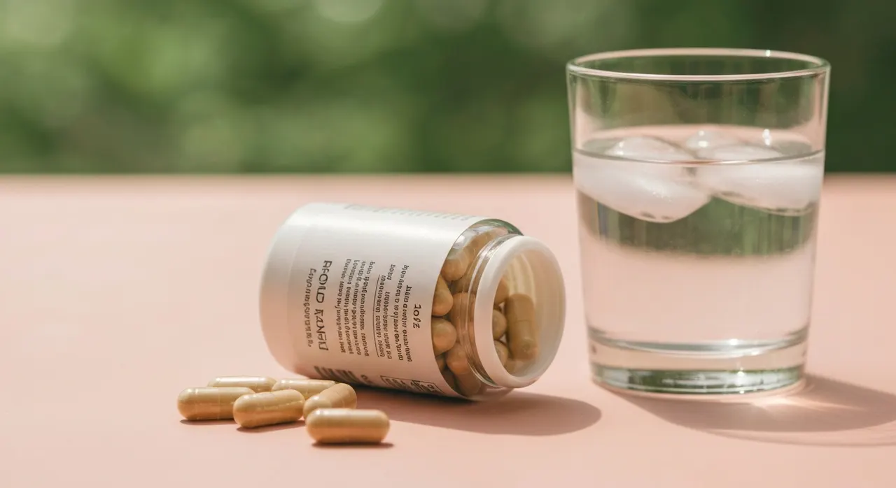 California Gold Nutrition グルコサミン コンドロイチン MSM ヒアルロン酸 配合サプリと水のガラスコップ
