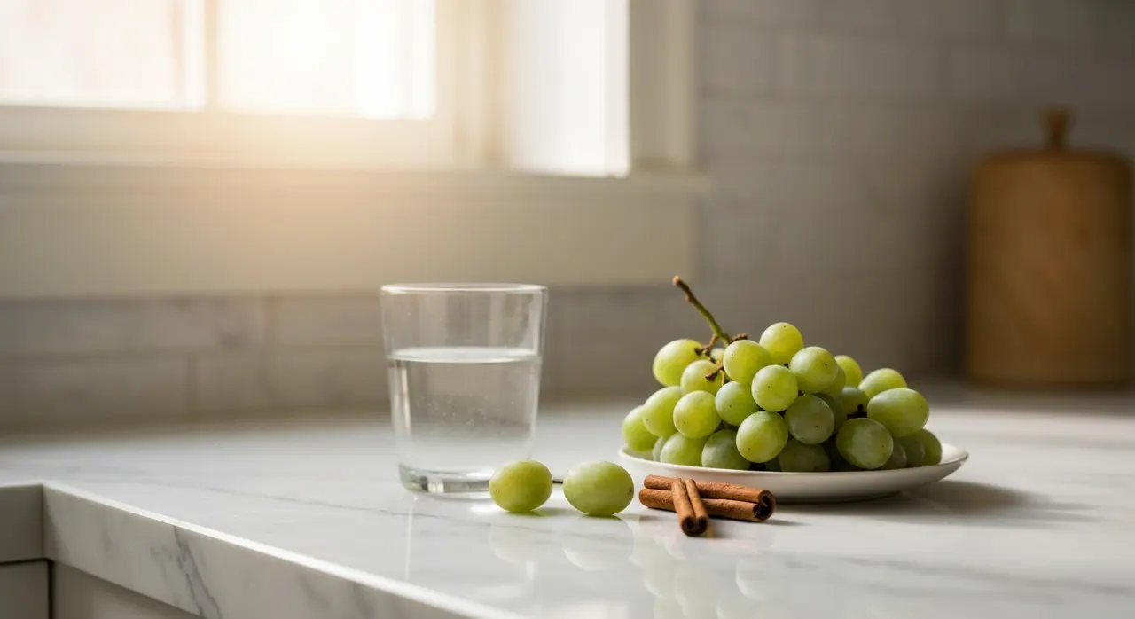 California Gold Nutritionのヒアルロン酸サプリとフランス産グレープシード・松樹皮エキスを並べた白いカウンター上のイメージ