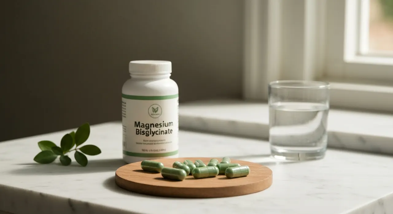 California Gold Nutrition マグネシウム ビスグリシネートのボトルと緑色カプセル、水のグラス。iHerbで人気のサプリメントレビュー