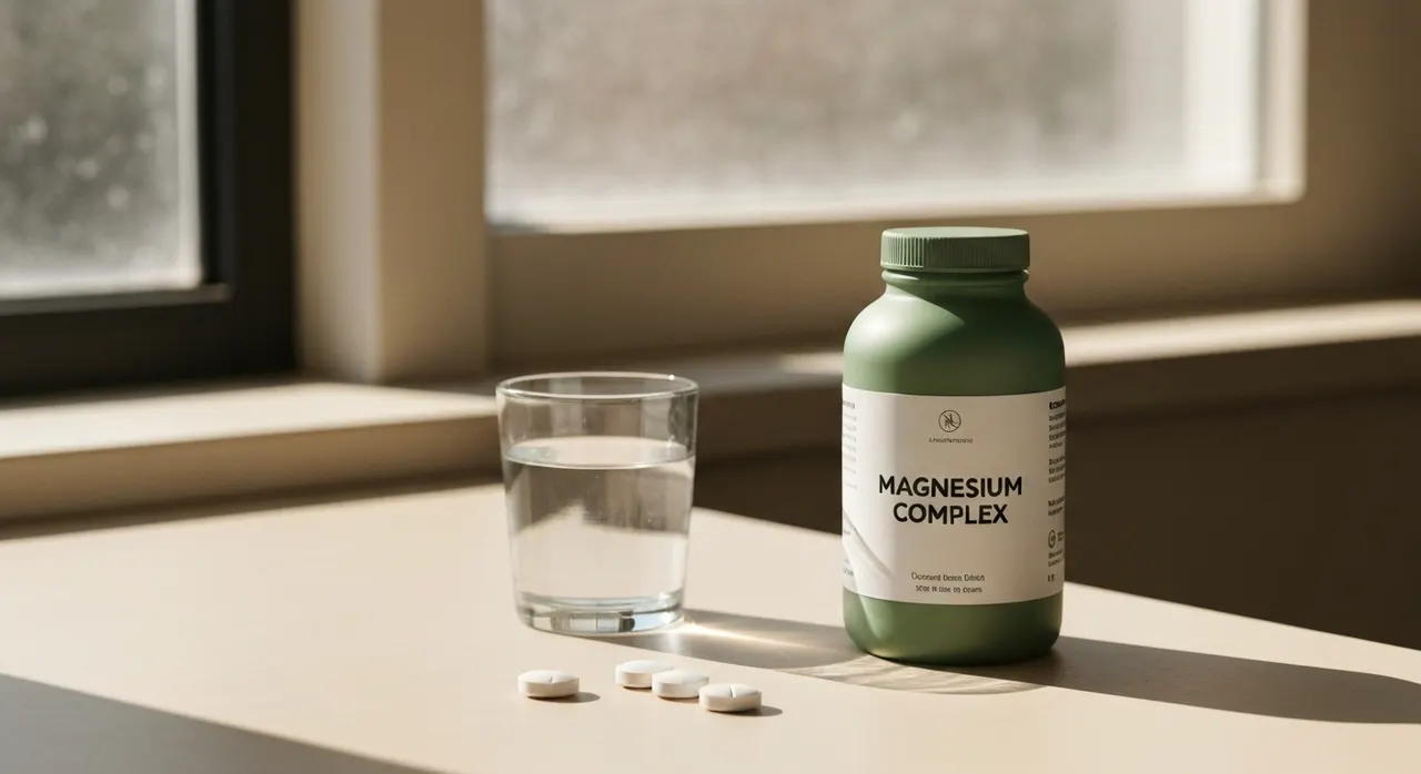 California Gold Nutritionのマグネシウム コンプレックスのボトルとタブレット、水のグラス