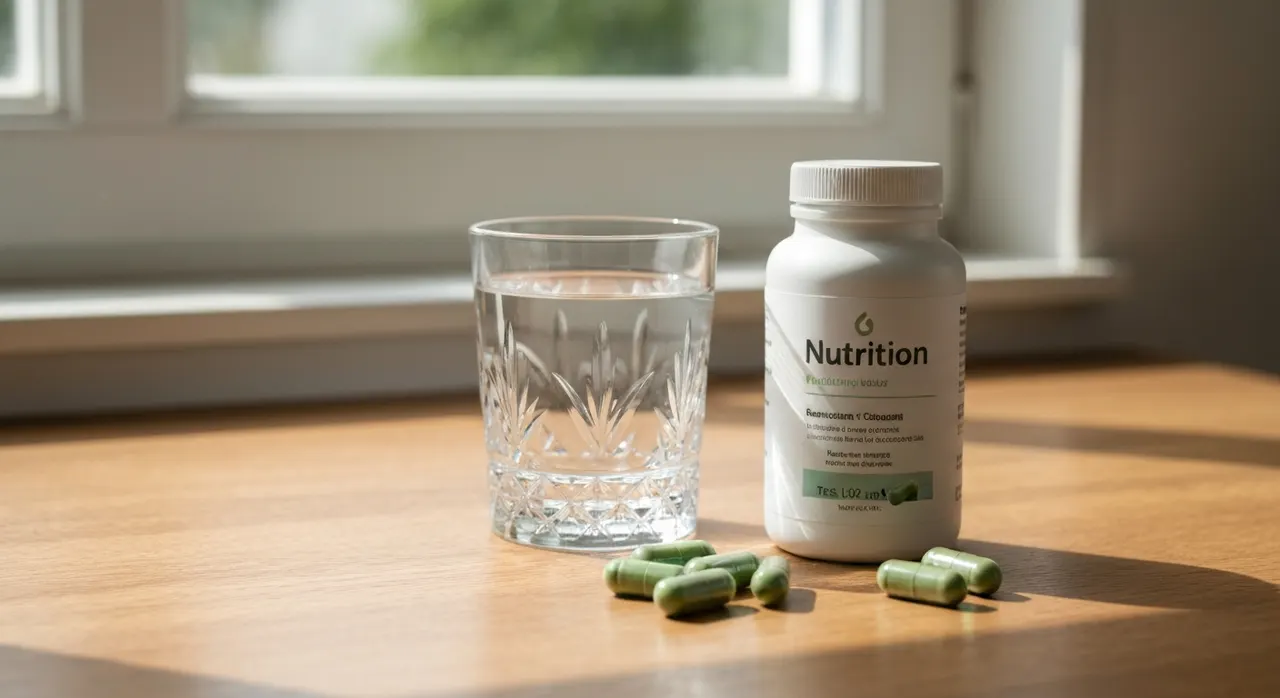 California Gold Nutrition マグネシウムのボトルと水のグラス、木製テーブルの上に置かれた緑色のカプセル