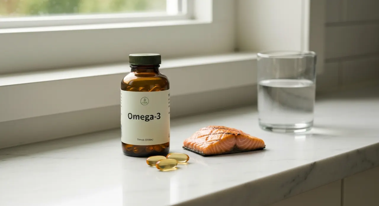 California Gold Nutrition Omega 800のボトルとサーモン、ソフトジェルカプセルが明るいキッチンカウンターに並んでいる