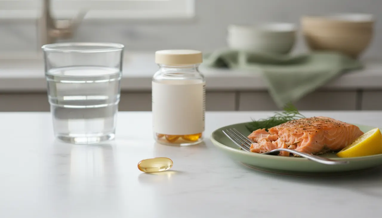 California Gold Nutritionのオメガ3フィッシュオイルのソフトジェルカプセルとボトル、グリルサーモン
