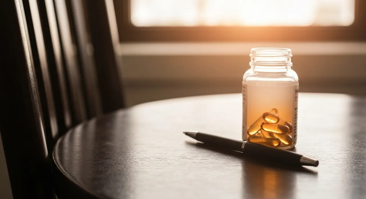 California Gold Nutrition PQQのボトルと白いカプセル、水のグラスが木製デスクに並ぶ画像