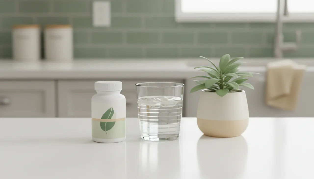 California Gold Nutritionの女性用プロバイオティクスのボトルと水が並んだ清潔感のあるキッチンカウンター