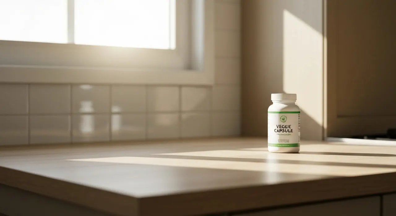 California Gold Nutritionのプロバイオティクスサプリ、ヨーグルトと水と一緒に朝の台所に置かれたイメージ