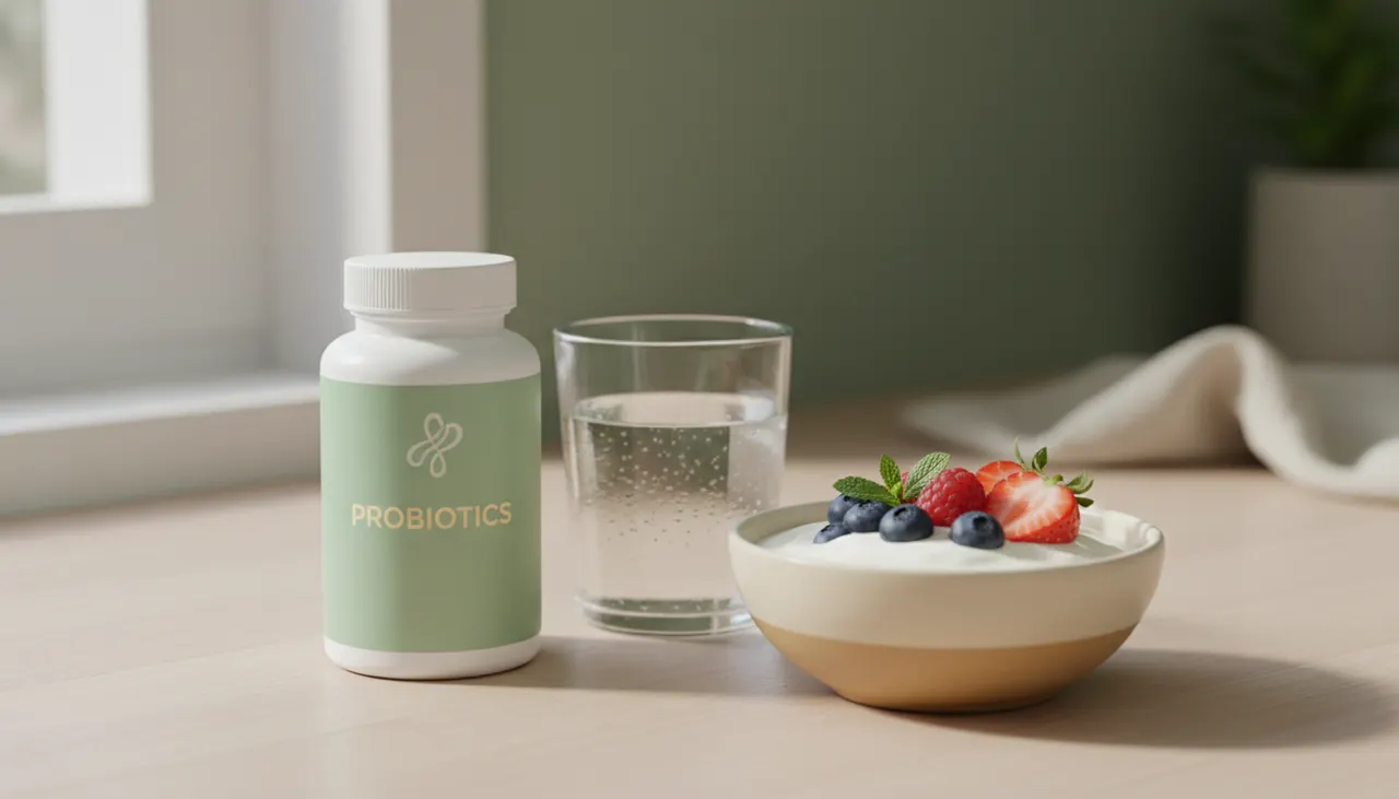 California Gold Nutritionのプロバイオティクスサプリと水のグラス、ヨーグルトとベリーが並ぶ明るいキッチンカウンター