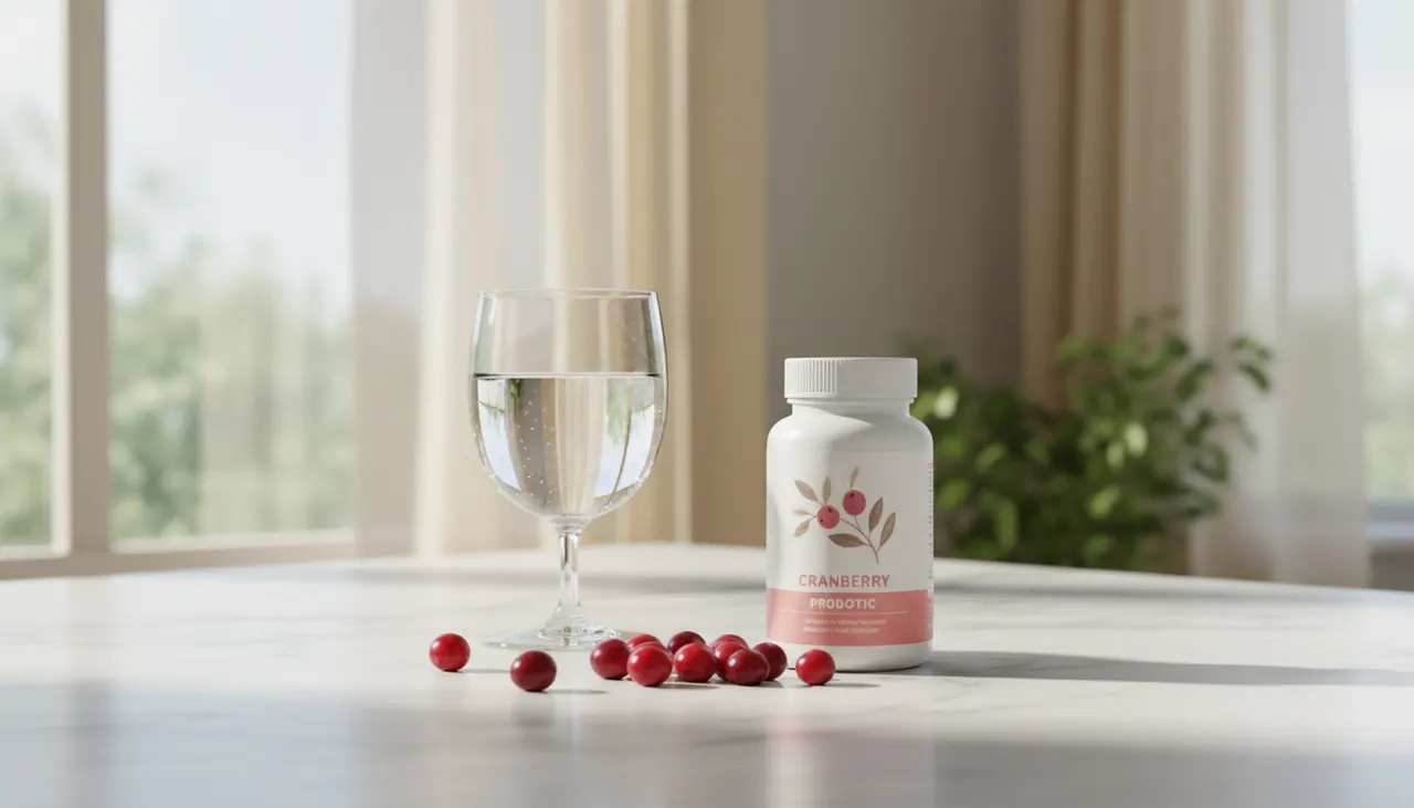 California Gold Nutrition CranMax LactoBifプロバイオティクスのボトルとクランベリー、水のグラス