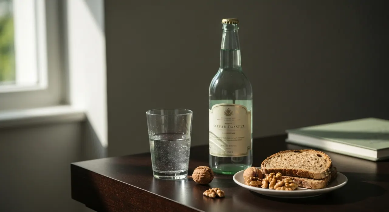 California Gold Nutritionのビタミンコンプレックスのボトルと水、全粒パンとくるみが木製デスクに並ぶ画像