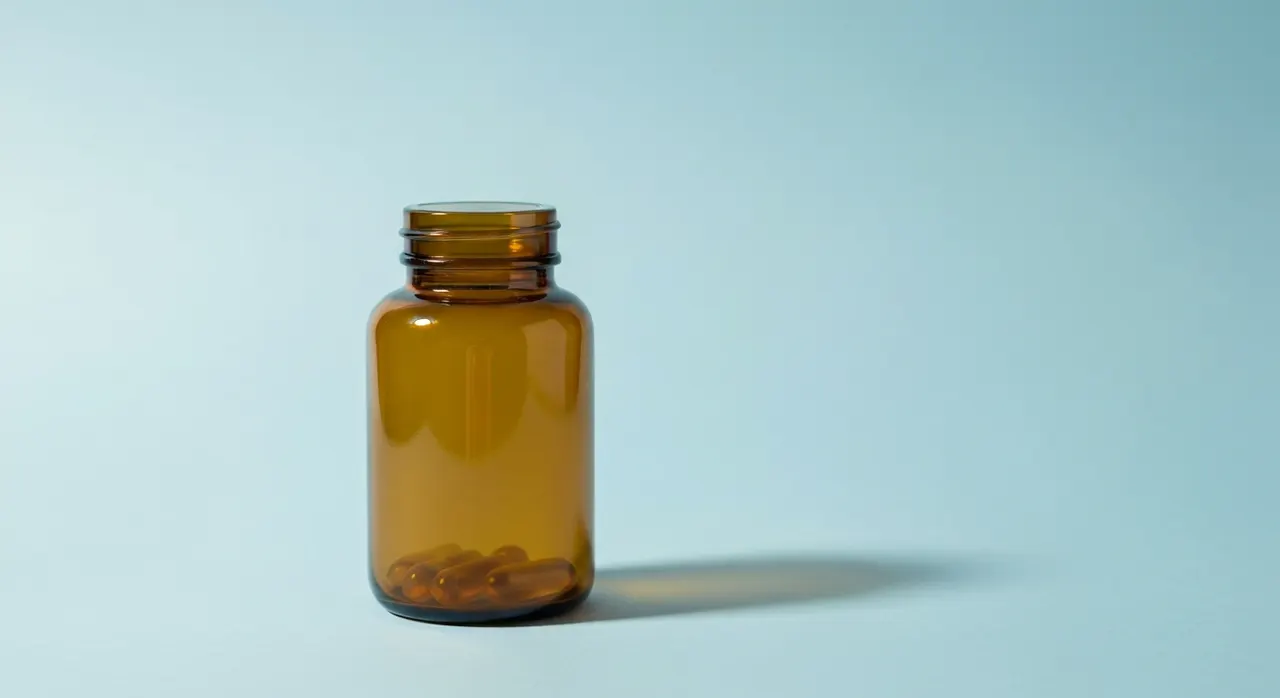 California Gold NutritionのビタミンD3ソフトジェルボトルと水のグラスが朝の窓辺に置かれている