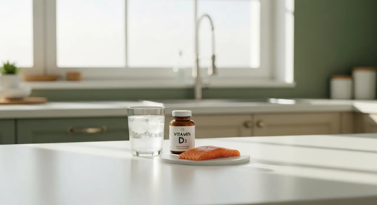 California Gold NutritionのビタミンD3ソフトジェルボトルと水のグラス、朝日が差し込む窓辺のキッチン