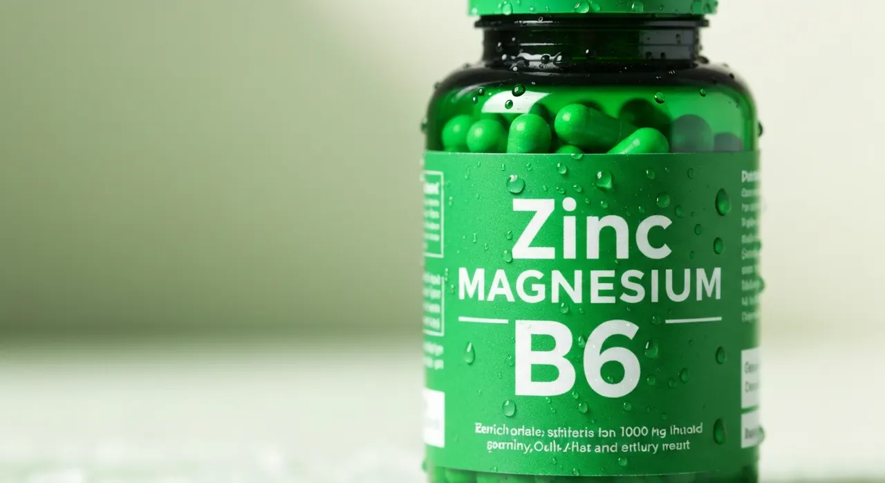 California Gold Nutrition の亜鉛・マグネシウム・ビタミンB6サプリと水のグラス、ダンベルを木製のベンチに並べたイメージ