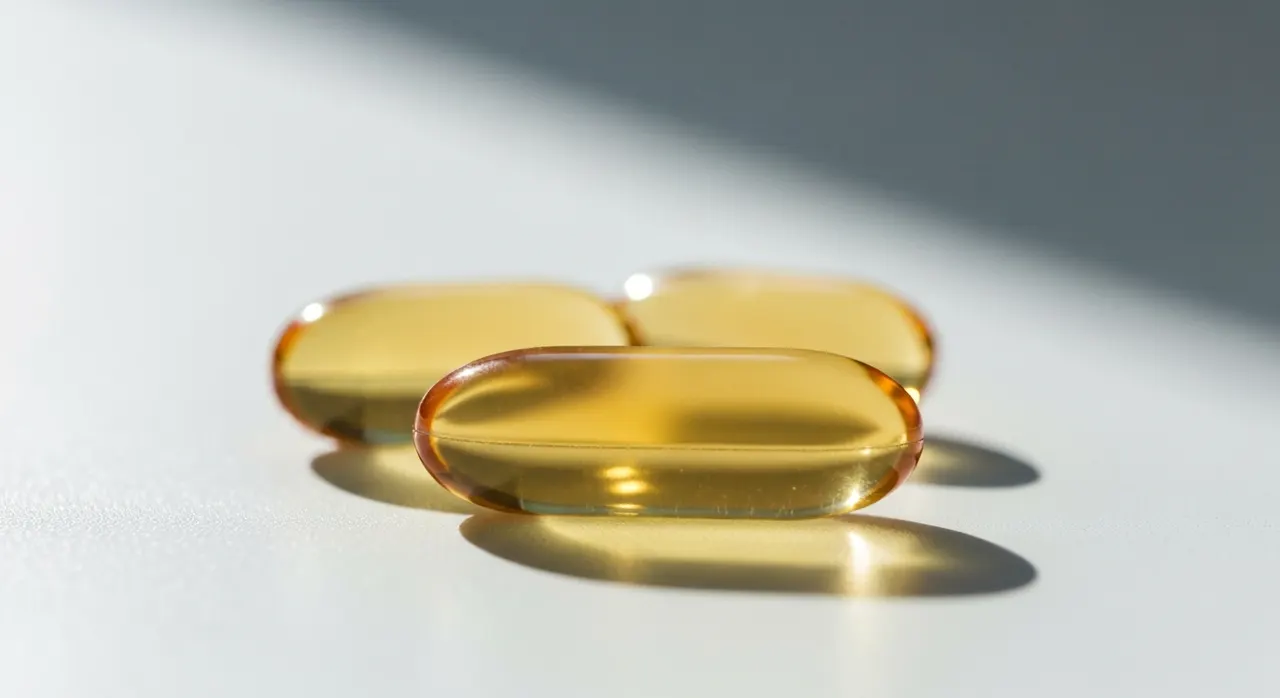California Gold Nutritionのオメガ3フィッシュオイルのソフトジェルカプセルと瓶、グリルサーモンが並ぶキッチンカウンター