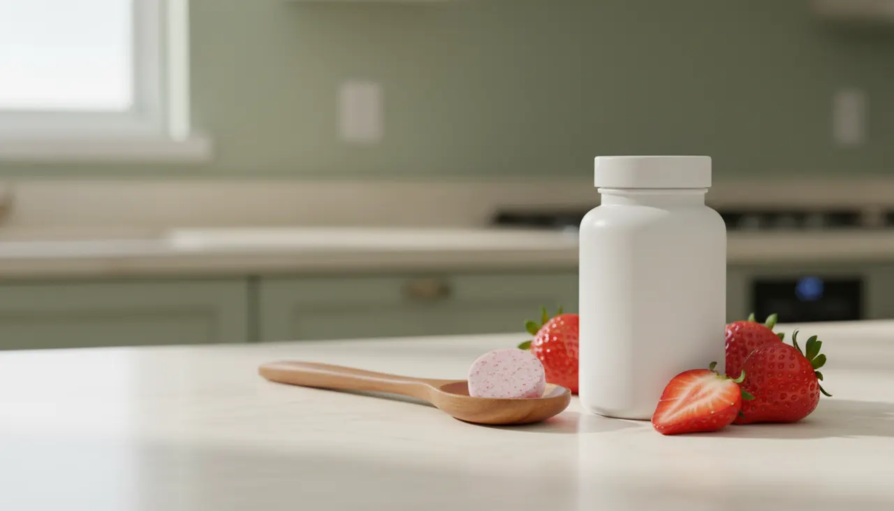CarlsonのKid's Chewable Ironのボトルといちごのチュアブルタブレット、フレッシュなイチゴが並ぶキッチンカウンター