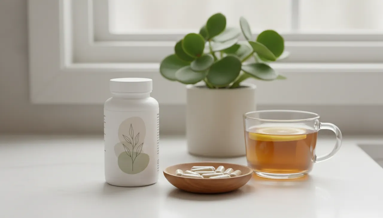 Codeage Women's SBO Probiotic のボトルとカプセル、ハーブティーが並ぶ明るいキッチンカウンター
