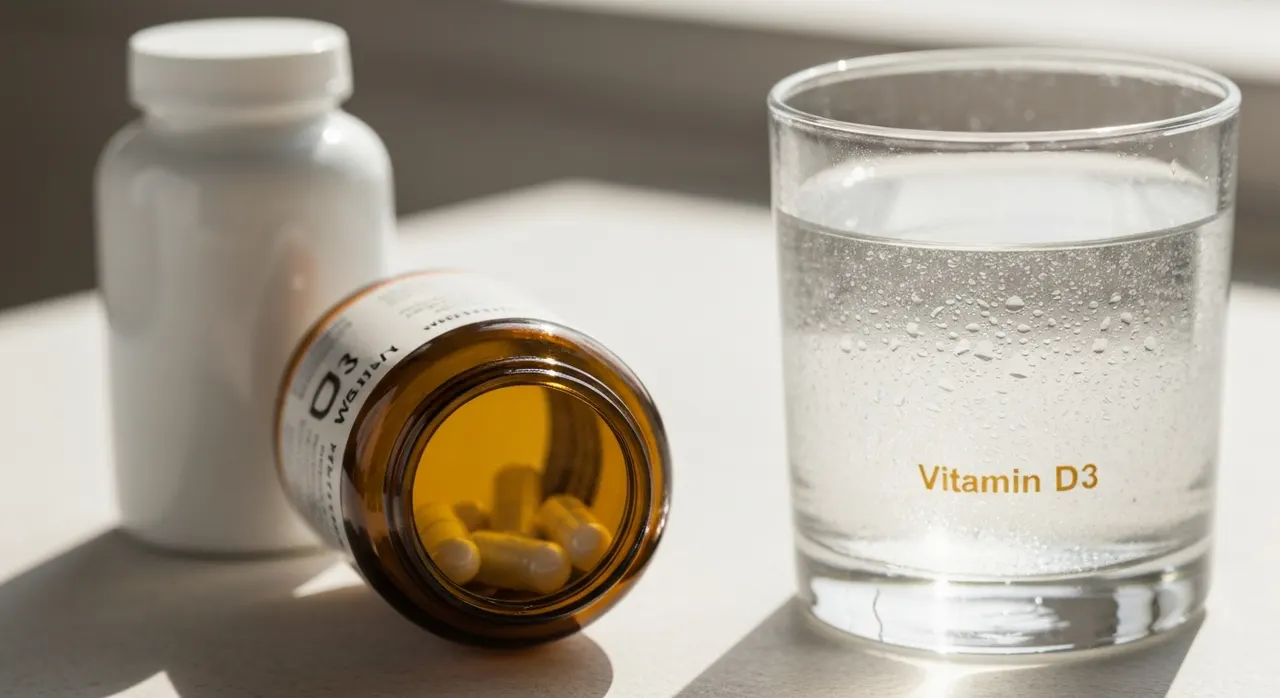 Codeage Raw Vitamin D3+のサプリメントボトルと植物性カプセル、水のグラスが木製テーブルに置かれた日当たりの良い朝の風景