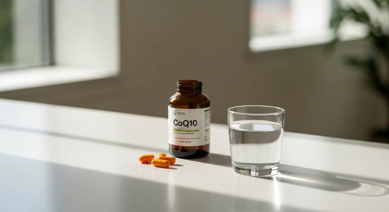 ドクターズベスト CoQ10 100mgボトルとカプセル、水のグラス。iHerbで人気の定番サプリメント