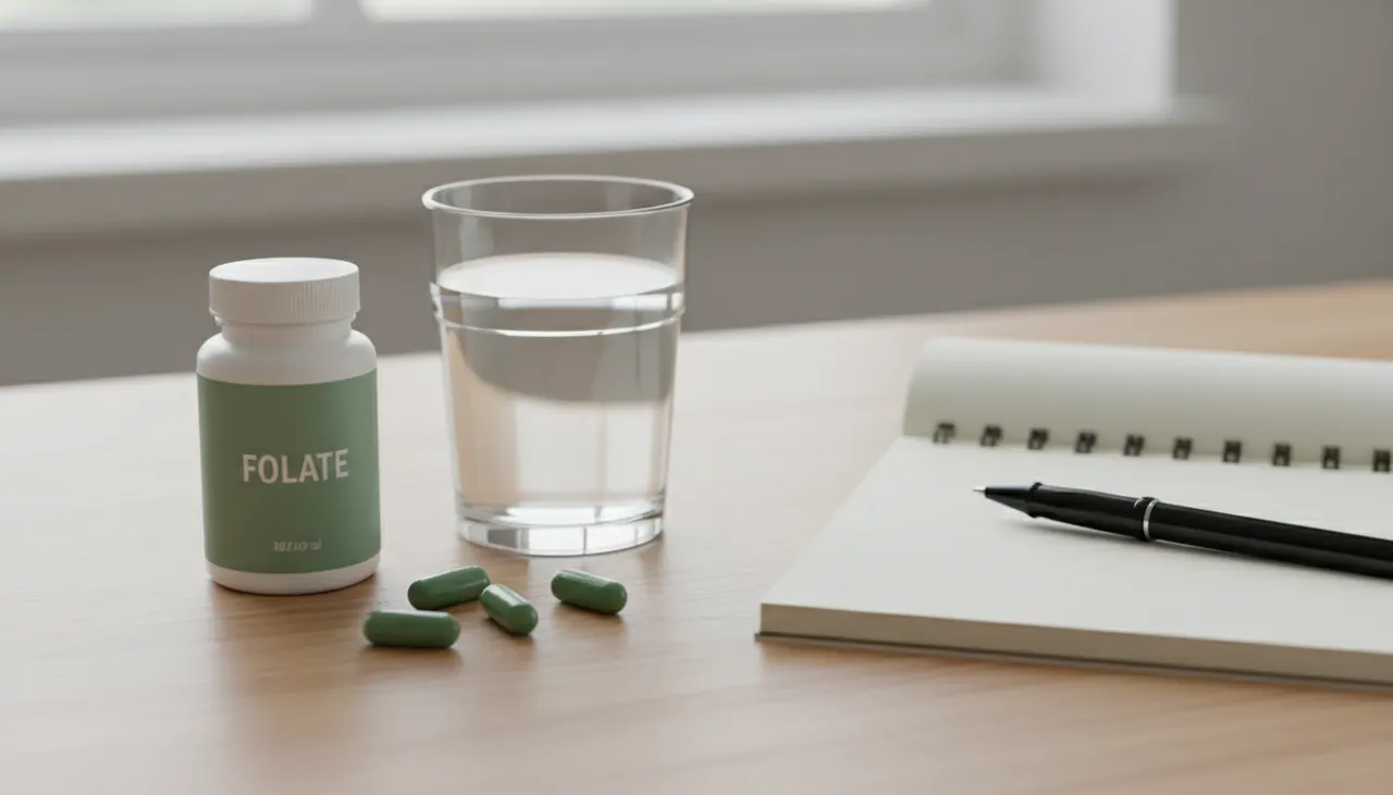 ドクターズベストのFully Active Folate 800、グリーンのベジカプセルと水のグラスが木製デスクの上に置かれている