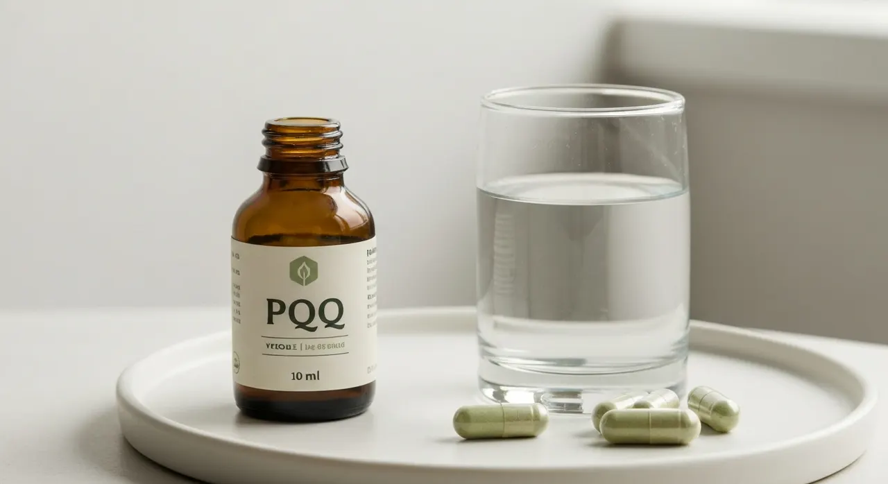 ドクターズベストのPQQ 20mgボトルと水のグラスが木製デスクに置かれた画像。サプリのレビュー記事のアイキャッチ。
