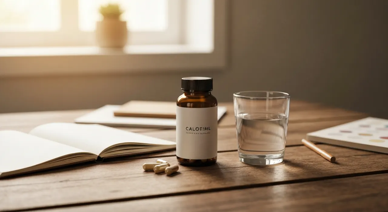 ドクターズベスト Fully Active B Complex の茶色いボトルとカプセル、水のグラスが白い机の上に並んでいる