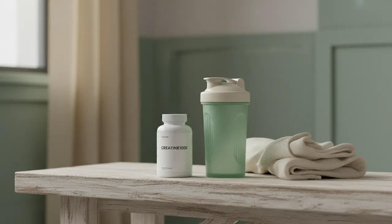 EVLution NutritionのCreatine1000カプセルボトルとシェイカー、ジムのベンチに置かれたトレーニング用品