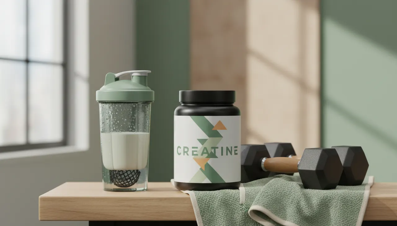 EVLution Nutrition Creatine5000のコンテナとシェイカーボトル、ダンベルがジムのベンチに並んでいる