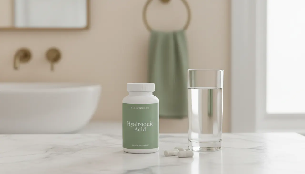 EVLution Nutritionのヒアルロン酸200mgサプリメントボトルとカプセル、水のグラス