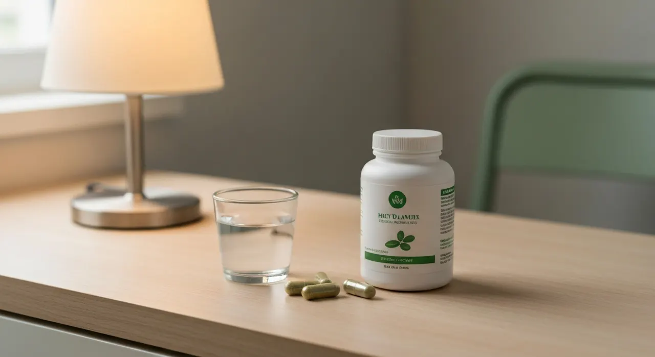 EVLution NutritionのL-テアニン+マグネシウム配合カプセルと水のグラス、夕方のデスクに置かれた落ち着いた雰囲気の写真