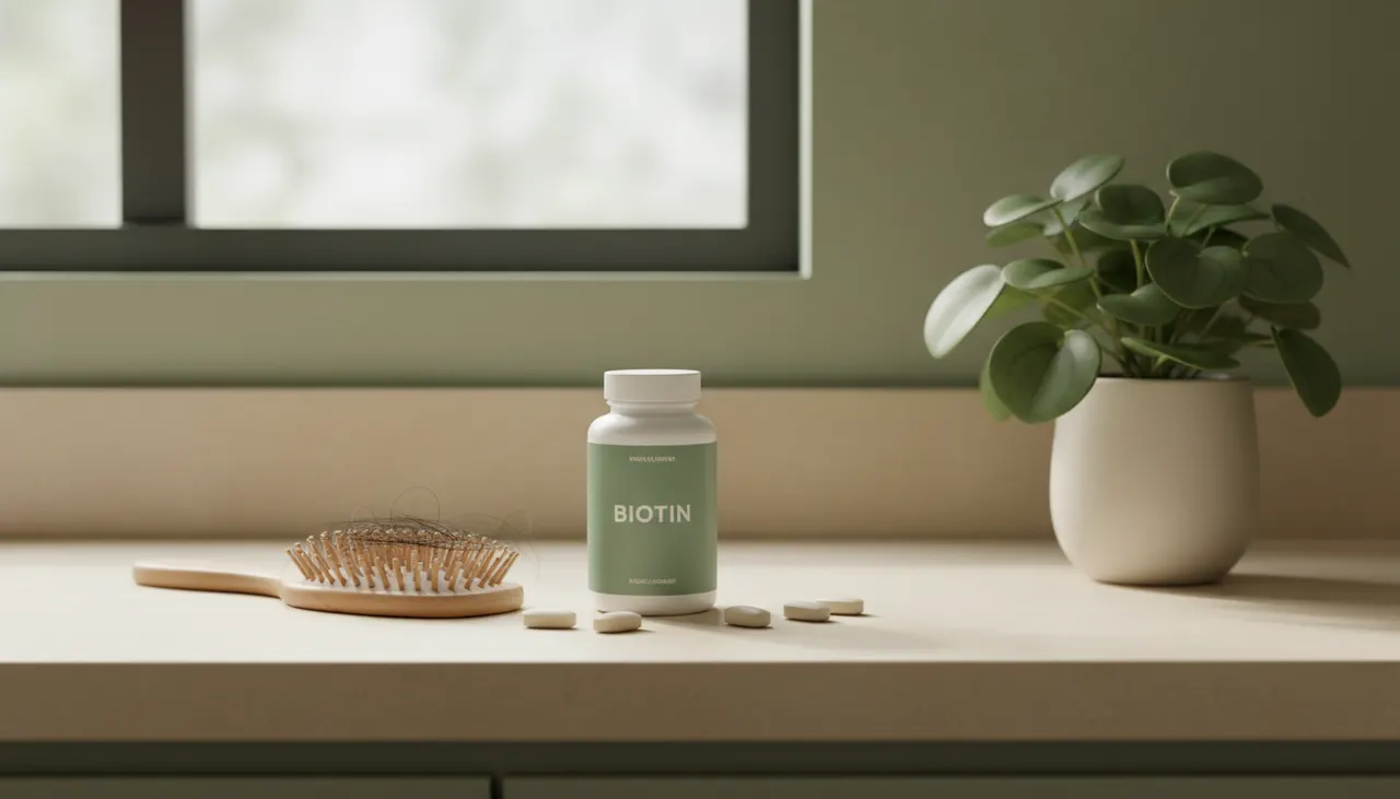 Futurebioticsビオチンのボトルと錠剤、ヘアブラシが並ぶ明るいキッチンカウンター