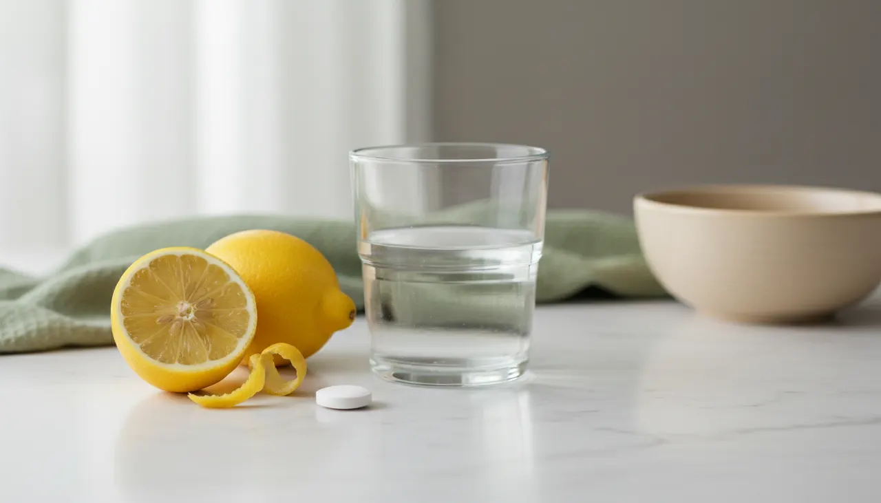 FuturebioticsのレモンピールA由来葉酸サプリとレモンの果実・皮を並べた画像