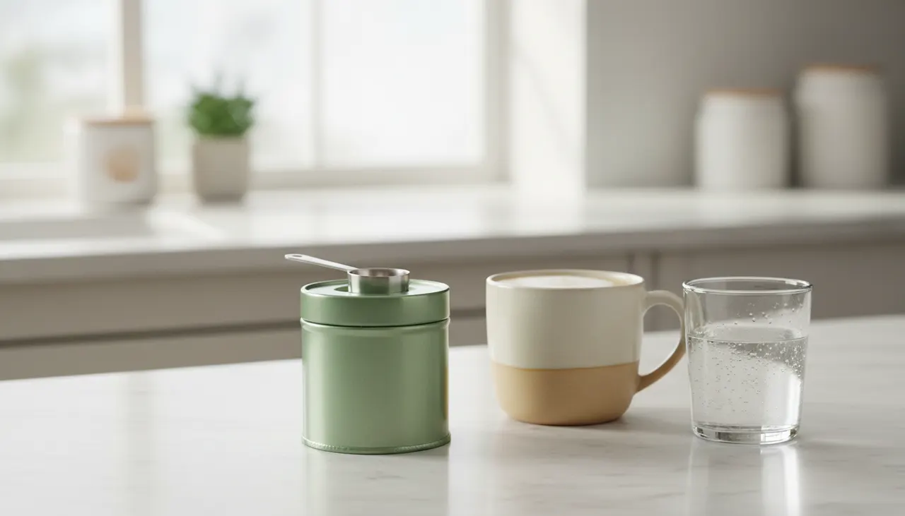 Great Lakes Wellnessのコラーゲンペプチド缶と白いコーヒーマグ、水のグラスを明るいキッチンカウンターに並べたイメージ