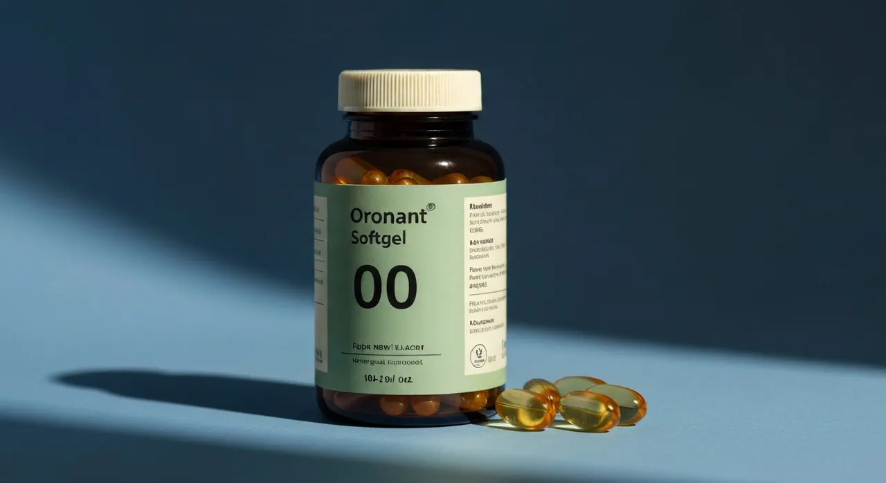Jarrow Formulas PS100のソフトジェルボトルと水のグラス、メモ帳が木製デスクに並ぶ画像